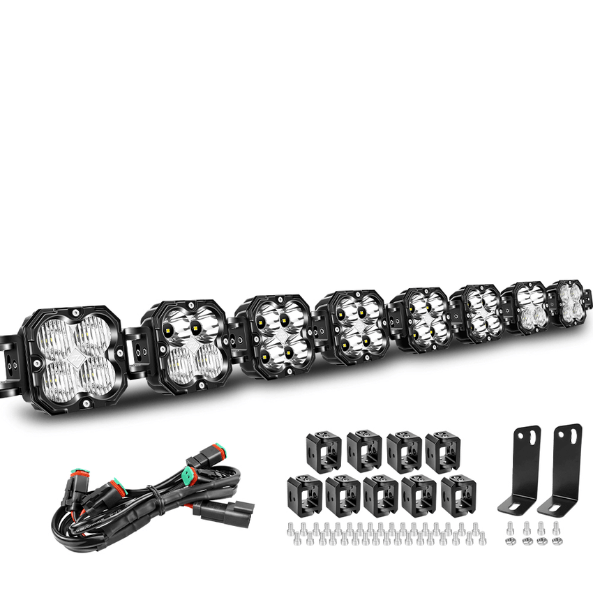 X-Linkable 53" 240W Ultra-Bright LED Light Bar –8-Light Dual Optic Combo, IP67 Rated with wiring harness and mounting brackets.