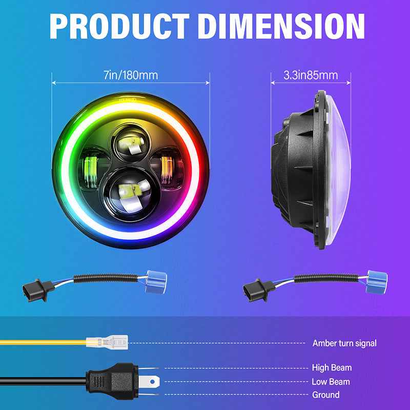 7 Inch Jeep Wrangler RGB LED Headlights - Bluetooth APP Controlled Color Changing Front Lights