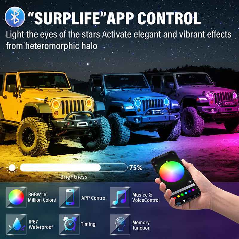 7 Inch Jeep Wrangler RGB LED Headlights - Bluetooth APP Controlled Color Changing Front Lights