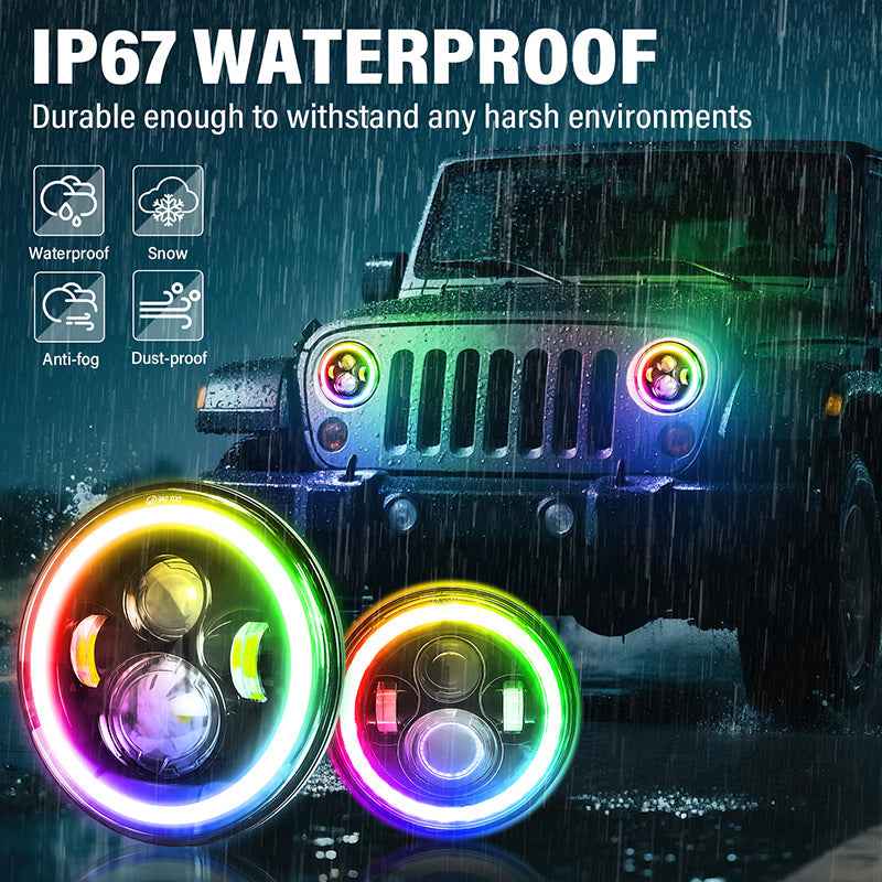 7 Inch Jeep Wrangler RGB LED Headlights - Bluetooth APP Controlled Color Changing Front Lights