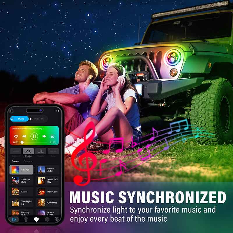 7 Inch Jeep Wrangler RGB LED Headlights - Bluetooth APP Controlled Color Changing Front Lights