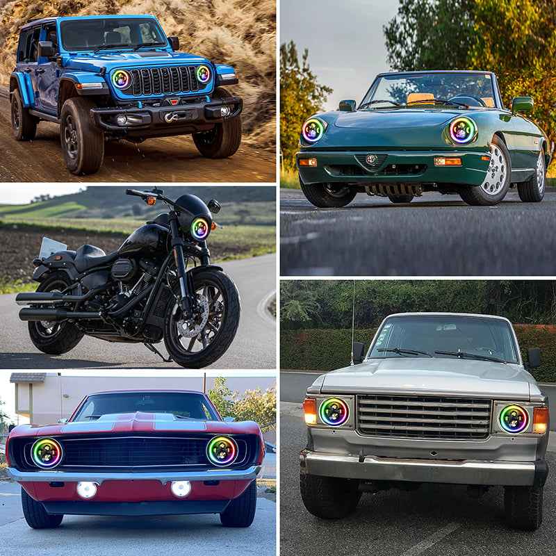 7 Inch Jeep Wrangler RGB LED Headlights - Bluetooth APP Controlled Color Changing Front Lights