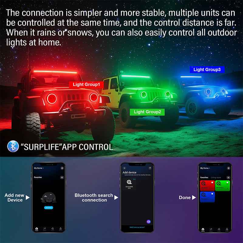 7 Inch Jeep Wrangler RGB LED Headlights - Bluetooth APP Controlled Color Changing Front Lights