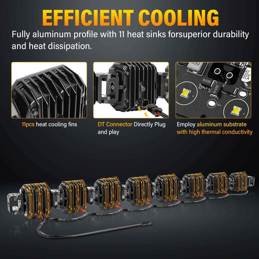 Image showing cooling system of X-Linkable 53" 240W Ultra-Bright LED Light Bar with 11 heat sinks for durability.