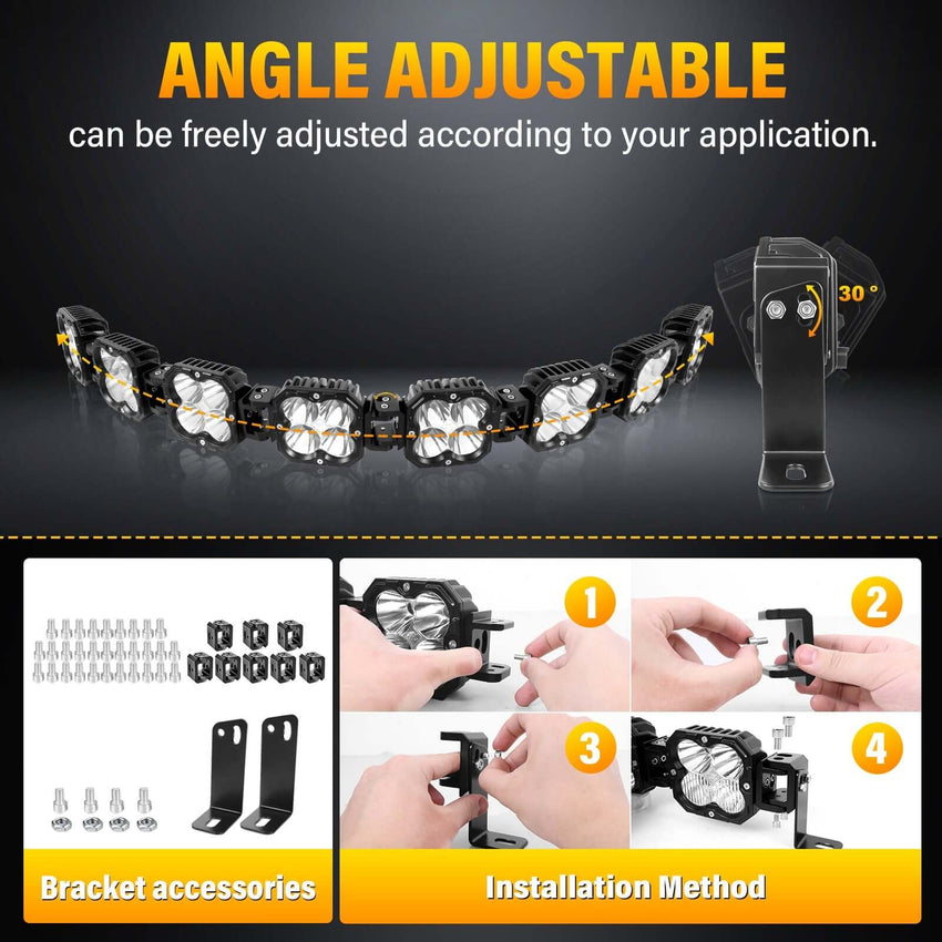 Angle adjustable installation method for the X-Linkable 53" 240W Ultra-Bright LED Light Bar –8-Light Dual Optic Combo, IP67 Rated.